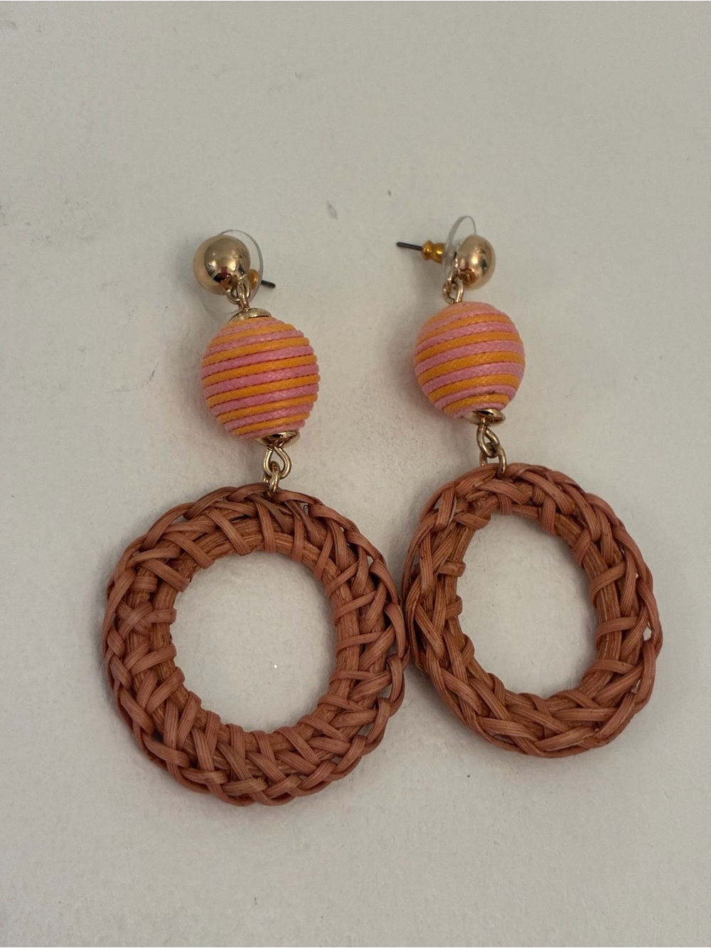 J. Crew Pink and Tan Woven Hoop Drop Earrings